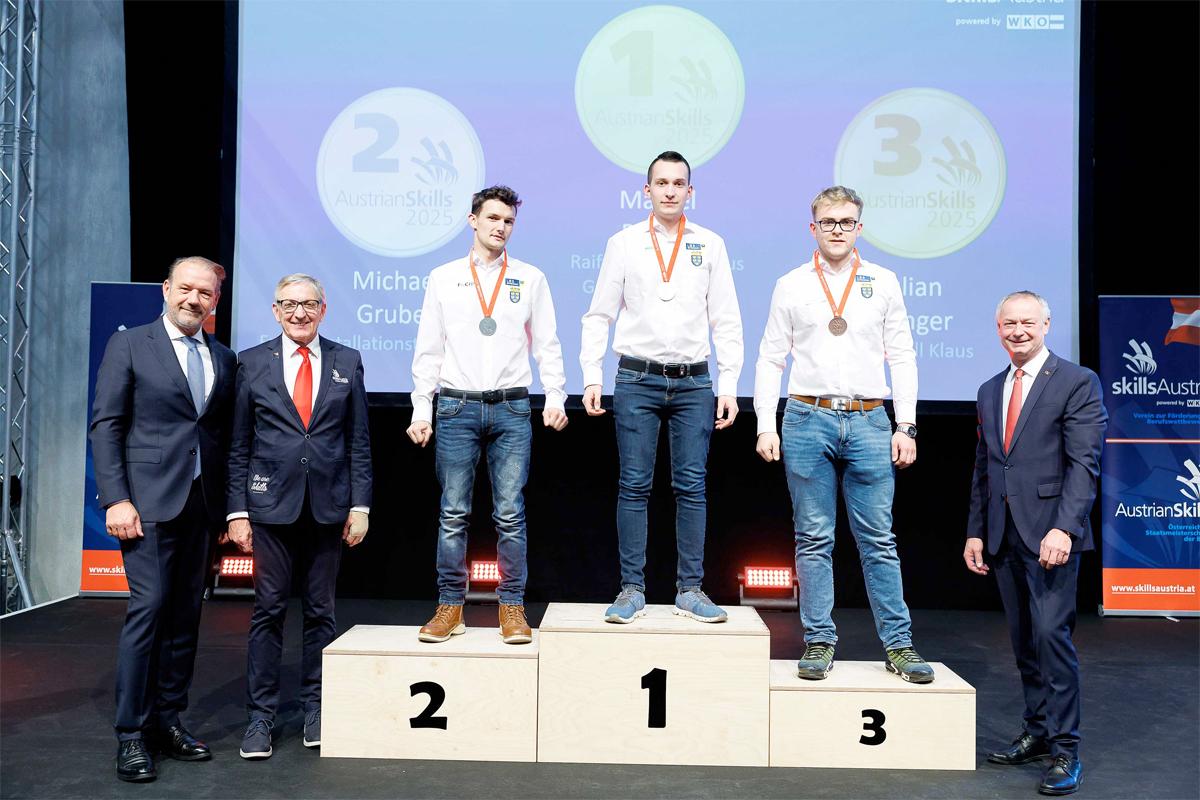 v.l. WKÖ-Vizepräsident Andreas Herz, Präsident der WK Stmk. Josef Herk , 2. Michael Gruber, 1. Marcel Riener, 3. Julian Edinger und Bundesspartenobmann Manfred Denk